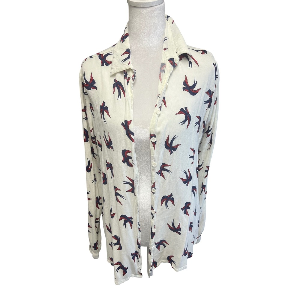 Ruby Rocks Blouse Womens Sz 8 White Swallow Bird Print Button Down Crepe Top